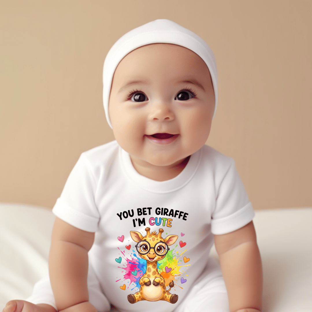 Cute giraffe infant bodysuit with playful animal artwork, colourful hearts and funny baby saying