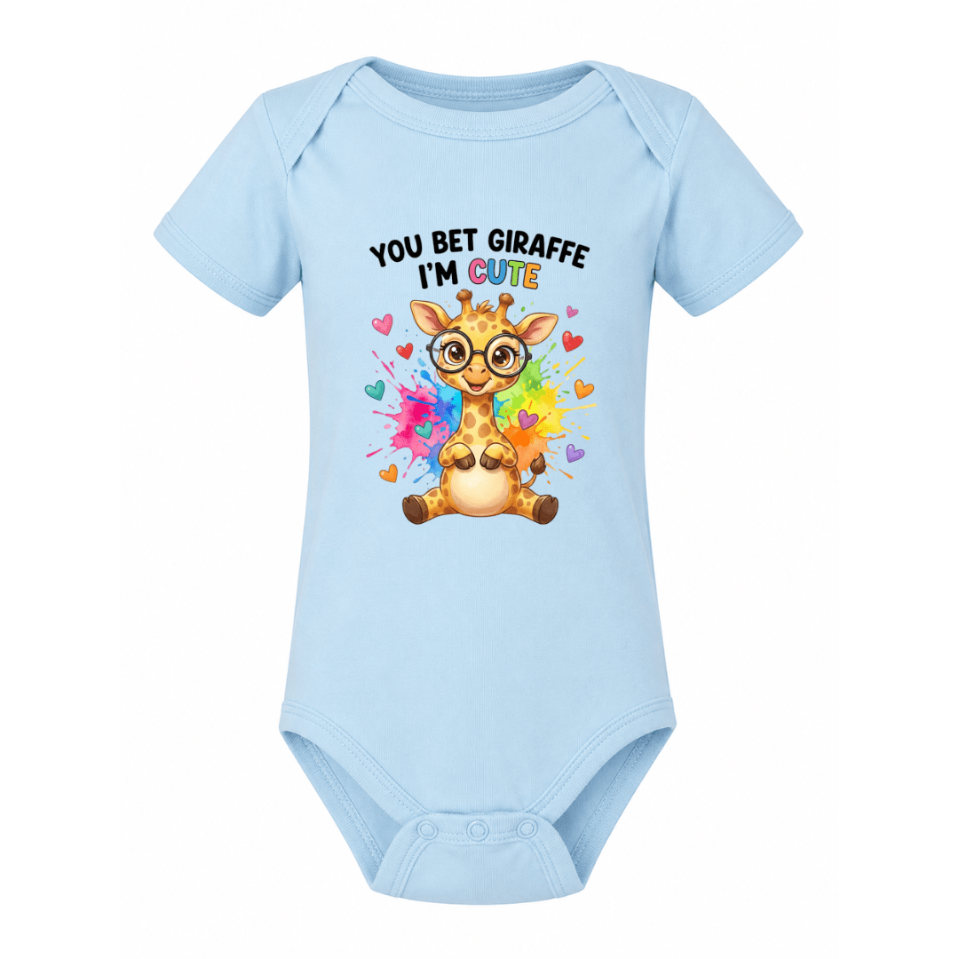 Light blue baby onesie with cheerful giraffe character, colourful paint splashes and heart accents
