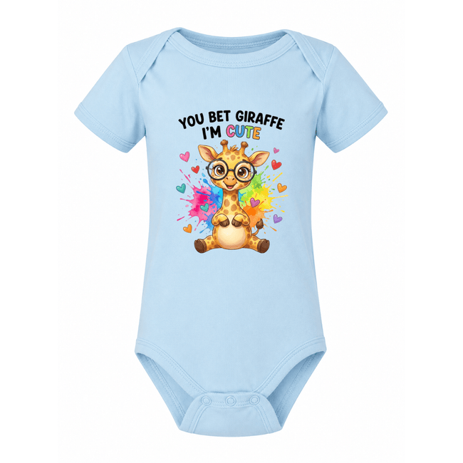 Light blue baby onesie with cheerful giraffe character, colourful paint splashes and heart accents