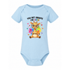 Light blue baby onesie with cheerful giraffe character, colourful paint splashes and heart accents