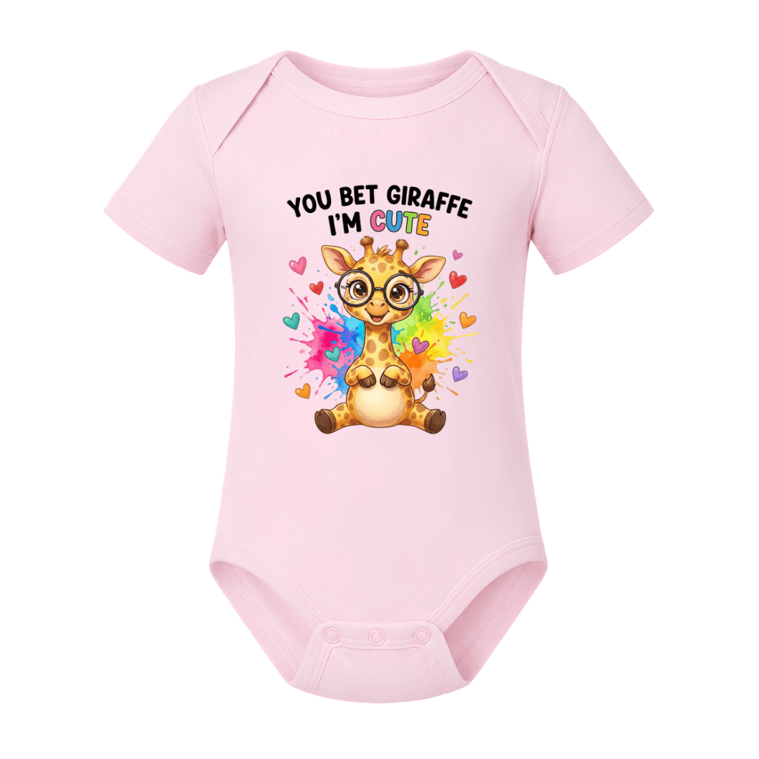 Light pink cute giraffe baby bodysuit featuring You Bet Giraffe I’m Cute animal graphic