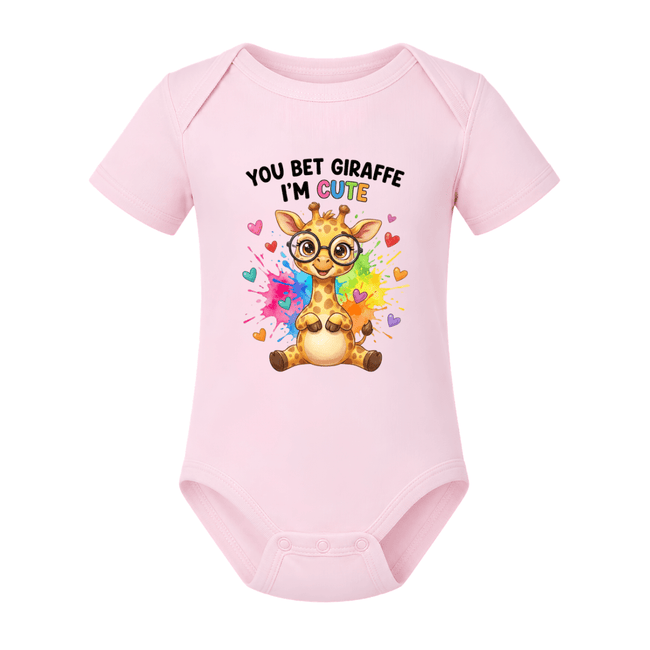 Light pink cute giraffe baby bodysuit featuring You Bet Giraffe I’m Cute animal graphic