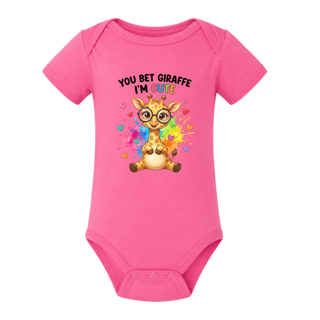 Hot pink infant bodysuit featuring cute giraffe artwork and colourful You Bet Giraffe I’m Cute design