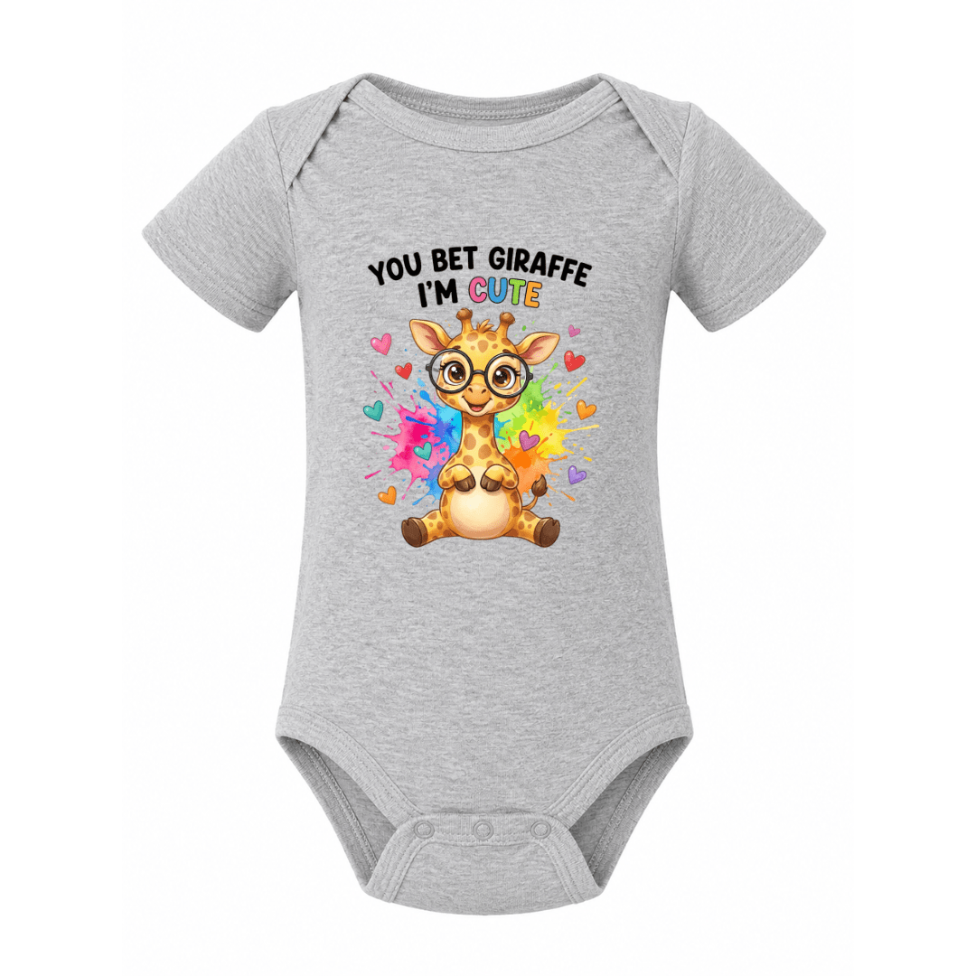 Grey baby onesie with adorable glasses wearing giraffe, colourful hearts and You Bet Giraffe I’m Cute saying