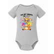 Grey baby onesie with adorable glasses wearing giraffe, colourful hearts and You Bet Giraffe I’m Cute saying