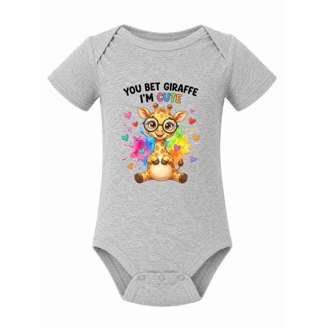 Grey baby onesie with adorable glasses wearing giraffe, colourful hearts and You Bet Giraffe I’m Cute saying