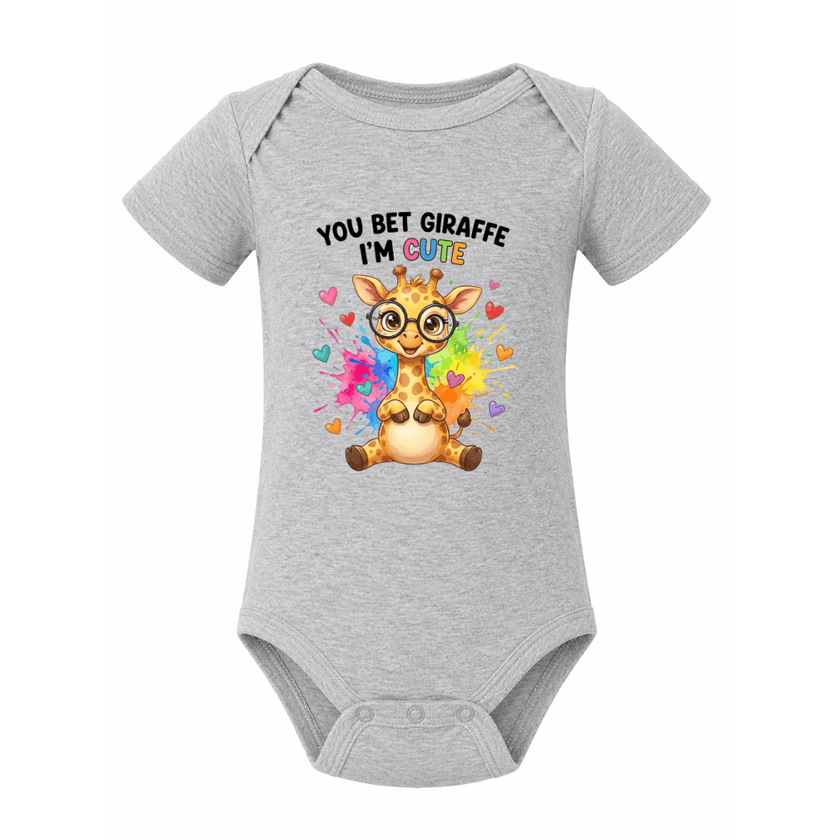 Grey baby onesie with adorable glasses wearing giraffe, colourful hearts and You Bet Giraffe I’m Cute saying