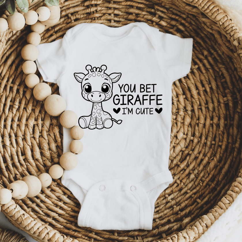 Soft white infant onesie with cartoon giraffe graphic perfect for safari nursery themes