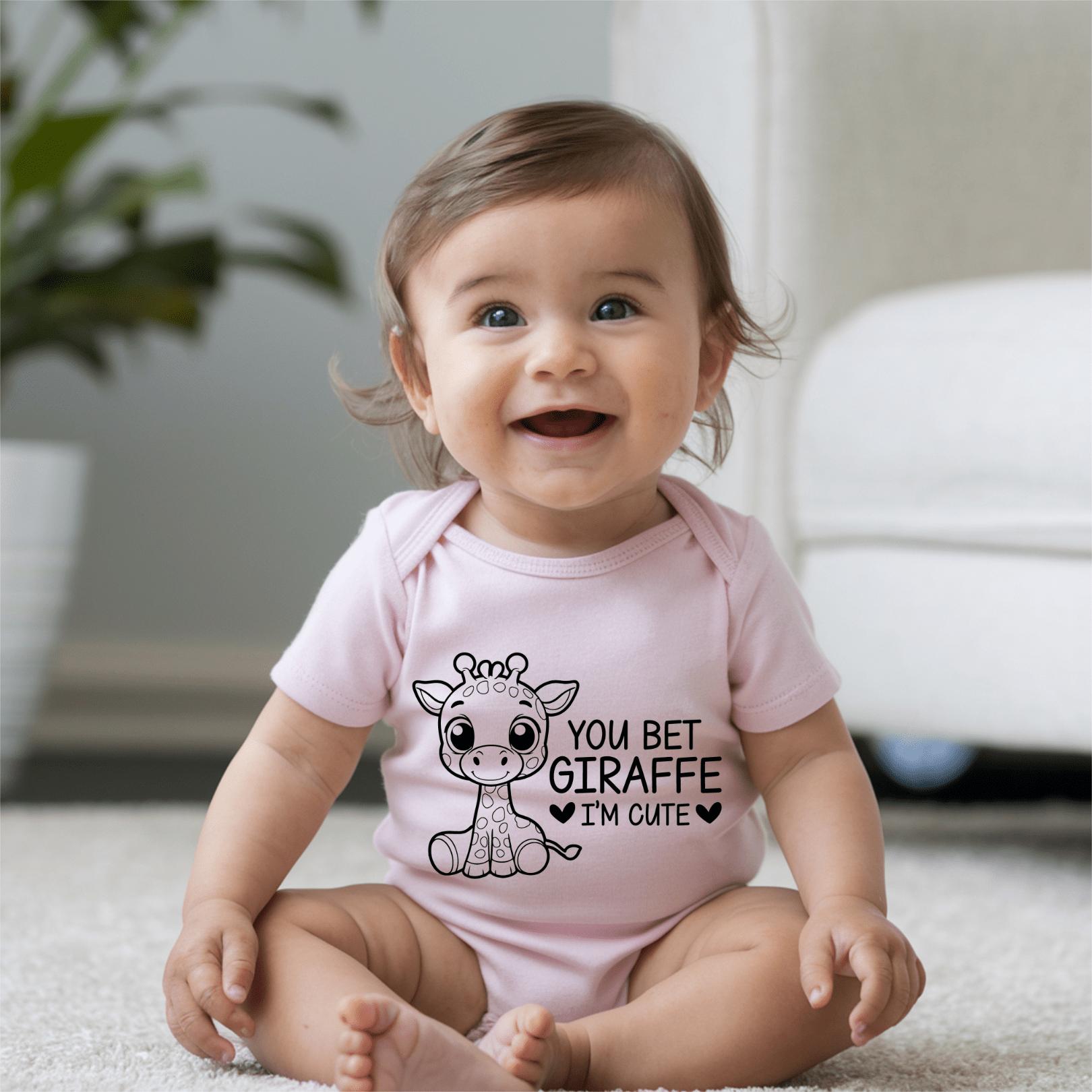 Funny baby outfit featuring giraffe character and cute phrase ideal for baby shower gifts