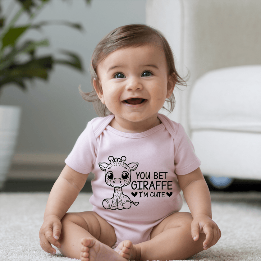 Funny baby outfit featuring giraffe character and cute phrase ideal for baby shower gifts