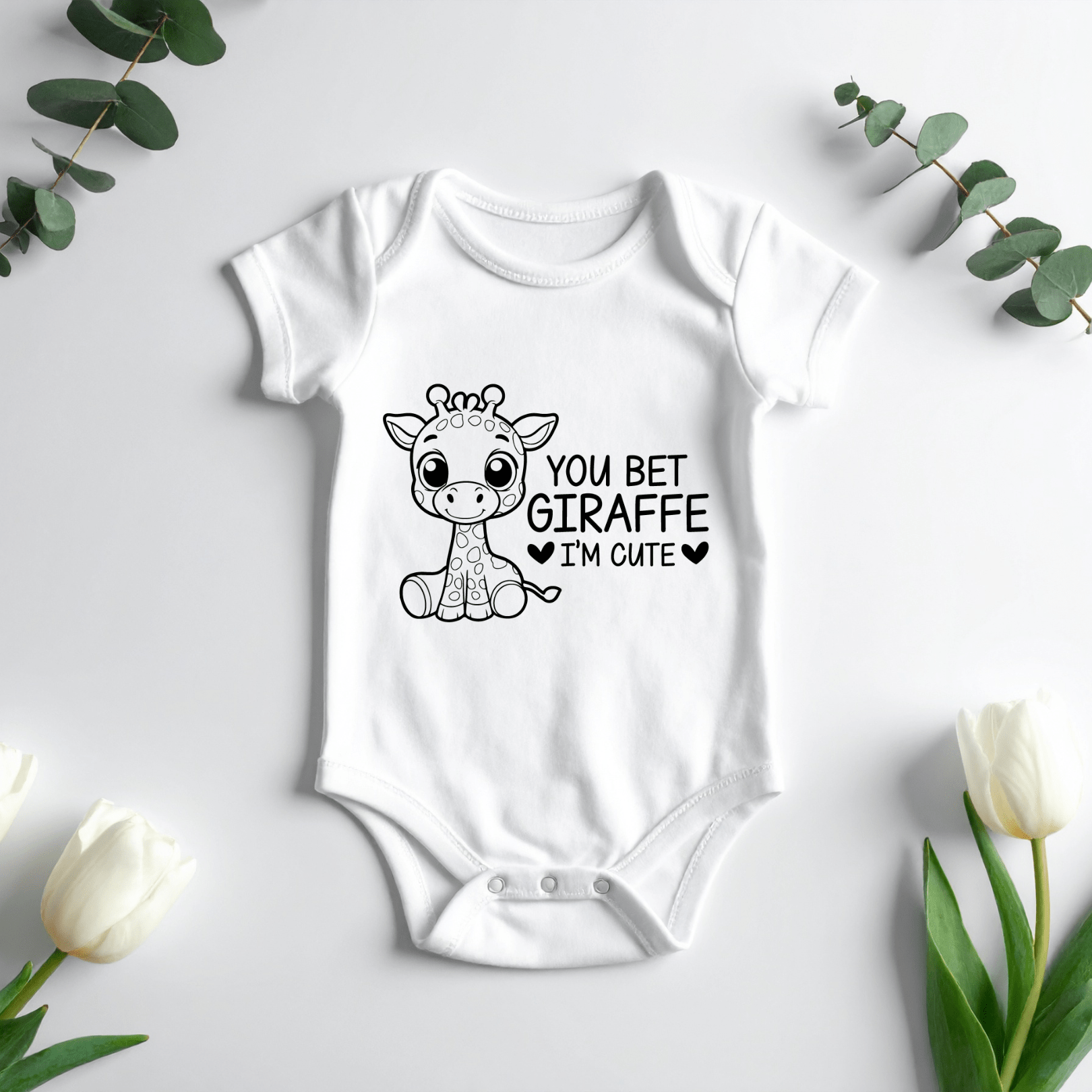 Unisex newborn bodysuit with playful giraffe design and sweet animal inspired artwork