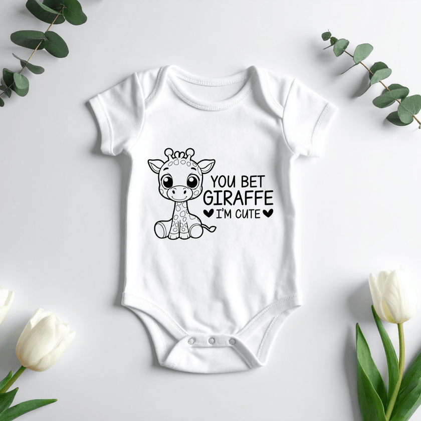 Unisex newborn bodysuit with playful giraffe design and sweet animal inspired artwork
