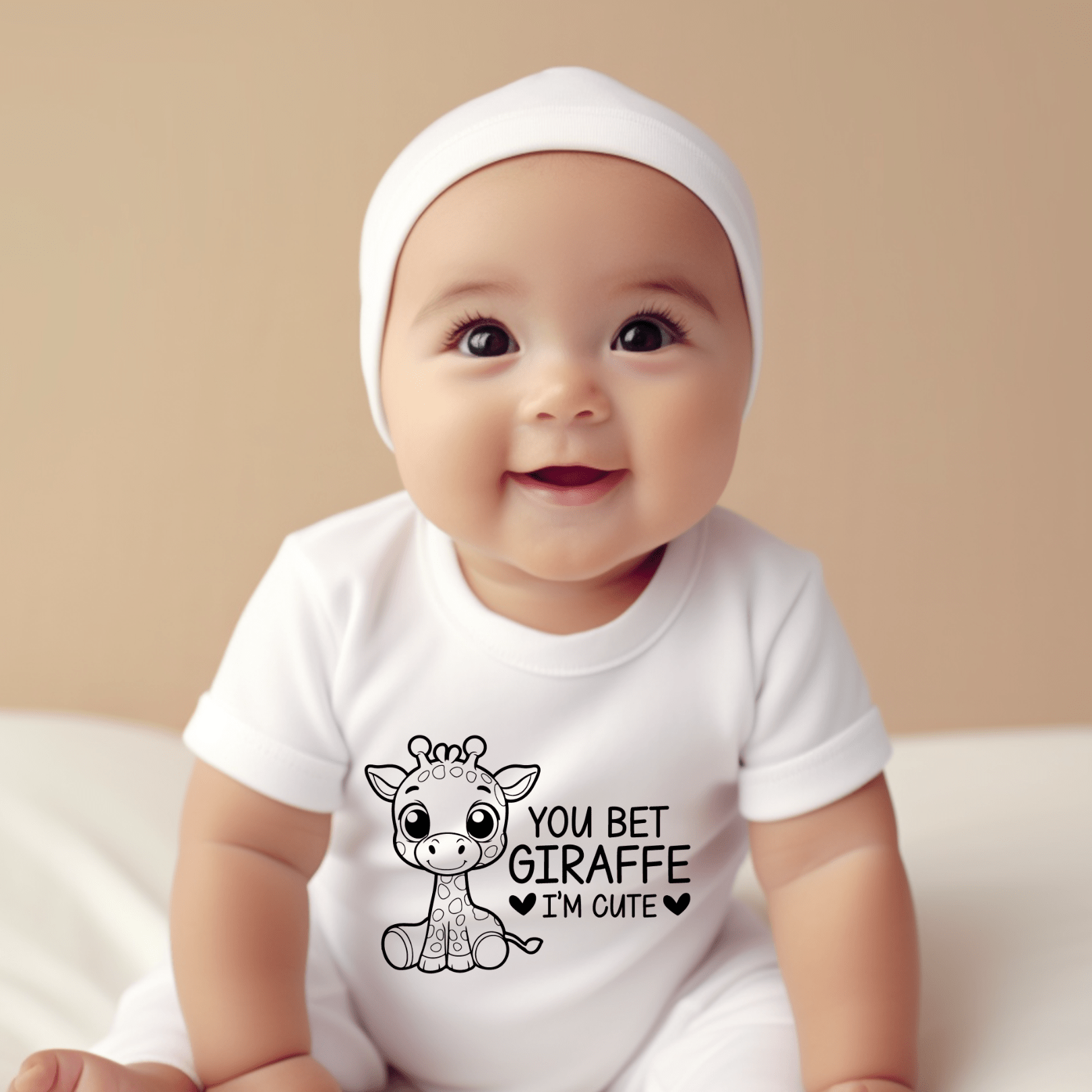 Cute giraffe baby bodysuit with animal artwork and funny saying for newborn boys and girls