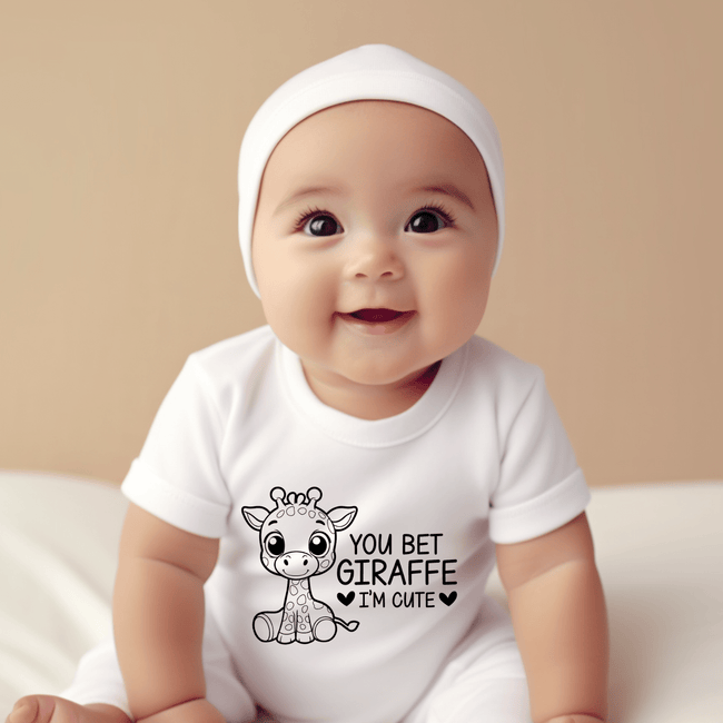Cute giraffe baby bodysuit with animal artwork and funny saying for newborn boys and girls