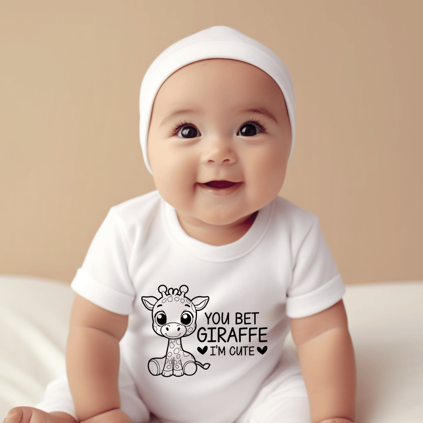 Cute giraffe baby bodysuit with animal artwork and funny saying for newborn boys and girls