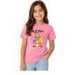 Youth girl in pink cotton t-shirt with colorful giraffe wearing glasses graphic print