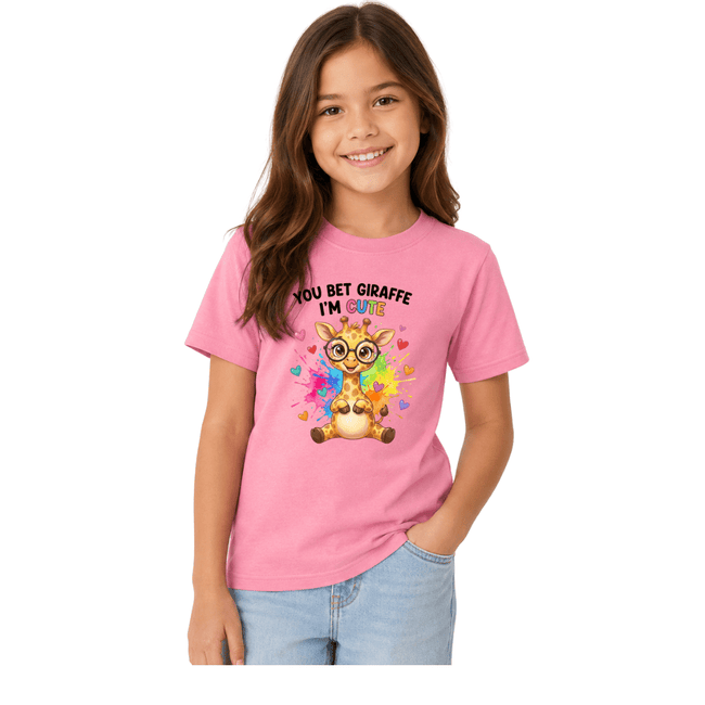Youth girl in pink cotton t-shirt with colorful giraffe wearing glasses graphic print