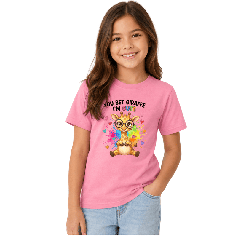 Youth girl in pink cotton t-shirt with colorful giraffe wearing glasses graphic print