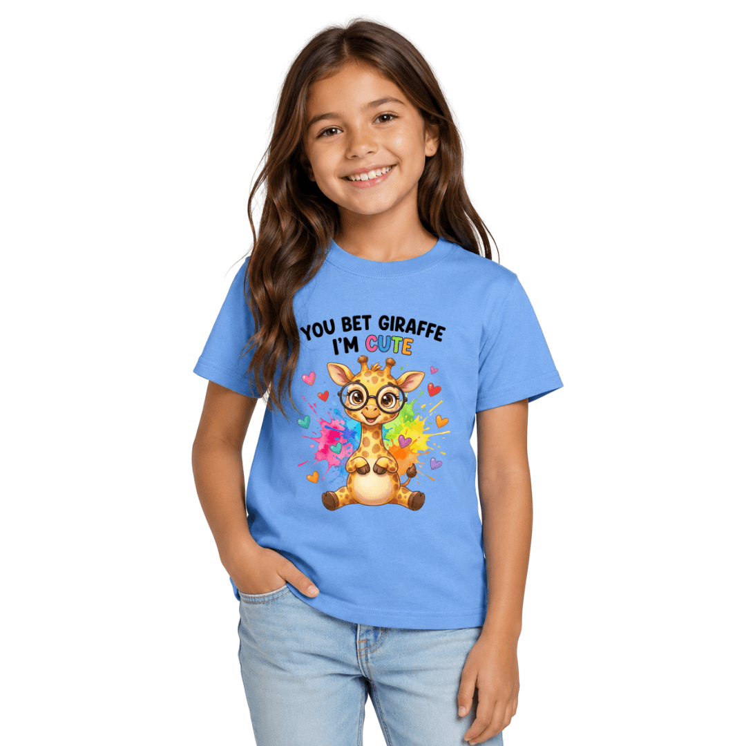 Youth girl in Carolina blue graphic tee featuring cute baby giraffe wearing glasses