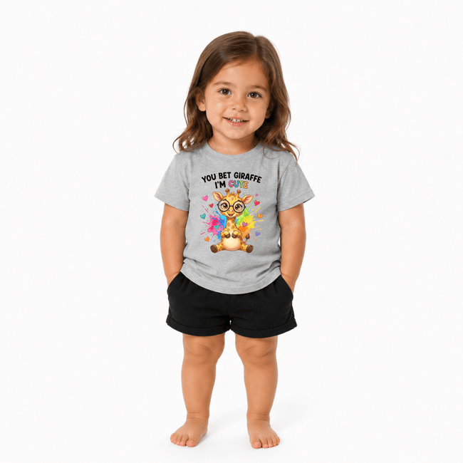 Toddler girl in sport grey tee featuring cute giraffe graphic with rainbow color splash