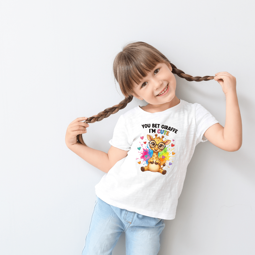 Young girl in white cotton t-shirt featuring cute rainbow giraffe with glasses graphic