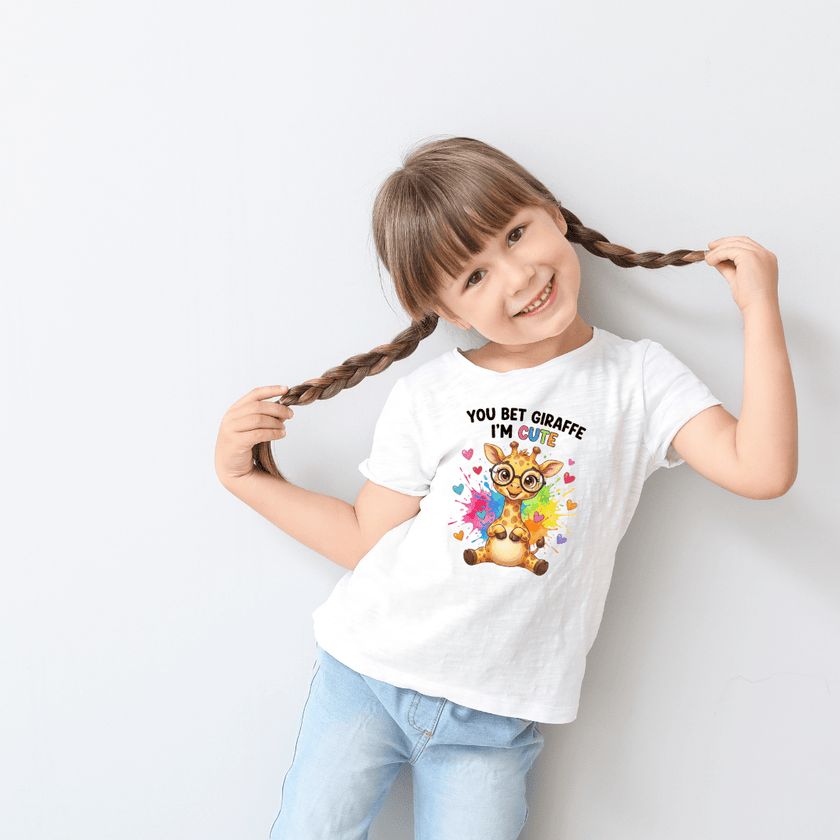 Young girl in white cotton t-shirt featuring cute rainbow giraffe with glasses graphic
