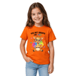 Girl wearing orange youth graphic tee with cute giraffe and rainbow heart design