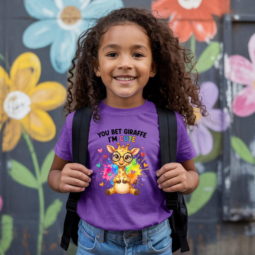 Girl wearing purple youth t-shirt with rainbow giraffe graphic and backpack outdoors