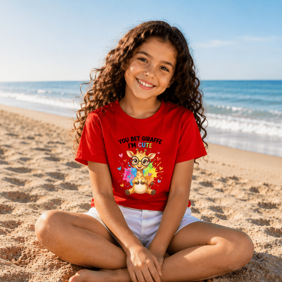 Girl wearing red You Bet Giraffe I'm Cute youth t-shirt with rainbow giraffe graphic on beach