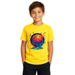 Boy wearing a yellow kids basketball graphic T shirt featuring colourful modern sports artwork on the chest.