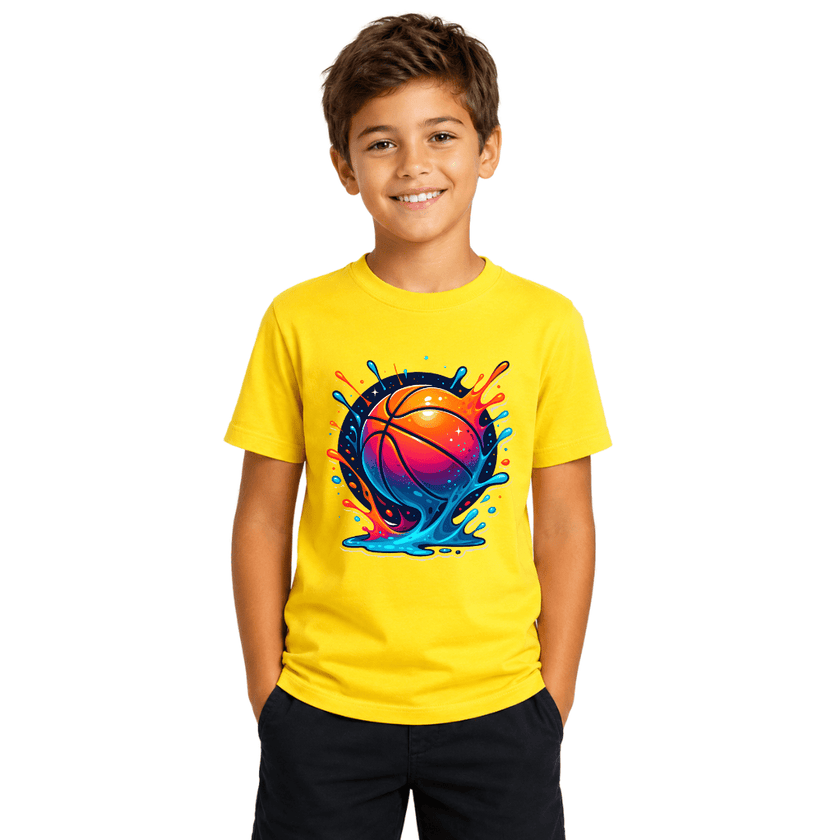 Boy wearing a yellow kids basketball graphic T shirt featuring colourful modern sports artwork on the chest.
