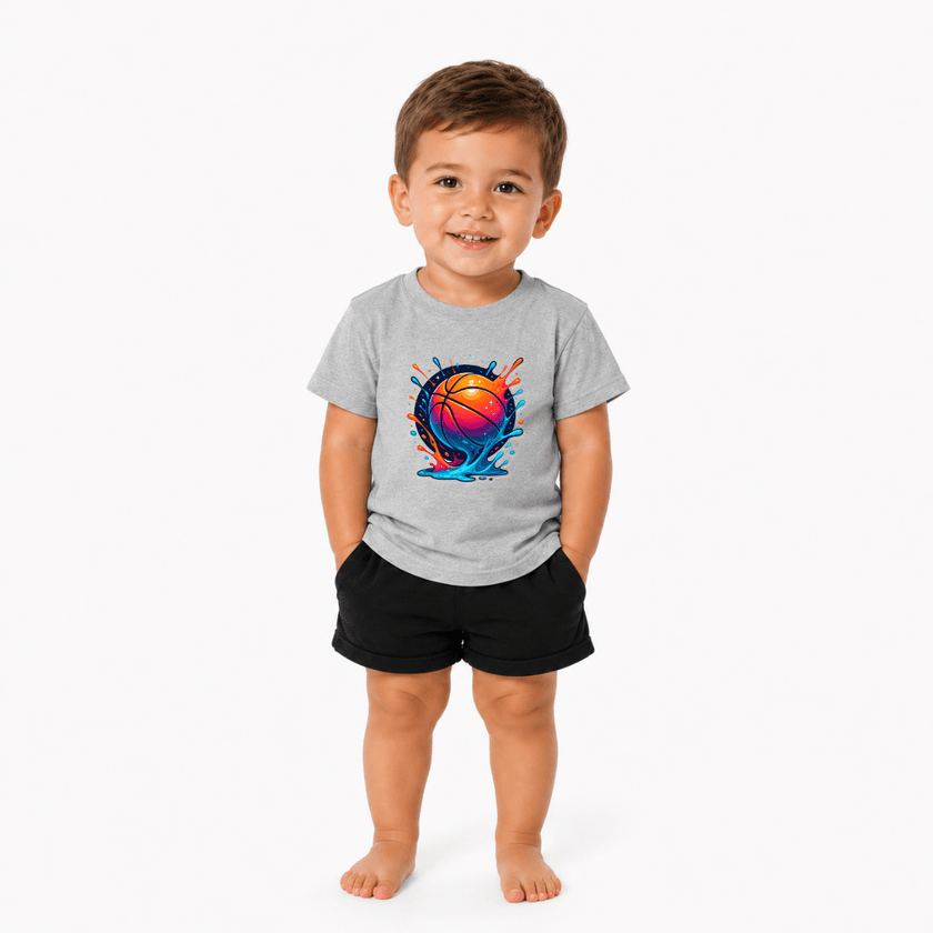 Toddler boy wearing a sport grey youth basketball shirt with colourful basketball graphic for casual everyday wear.