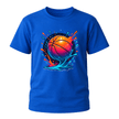 Royal blue youth basketball T shirt featuring a vivid orange basketball with blue pink and red splash graphic.
