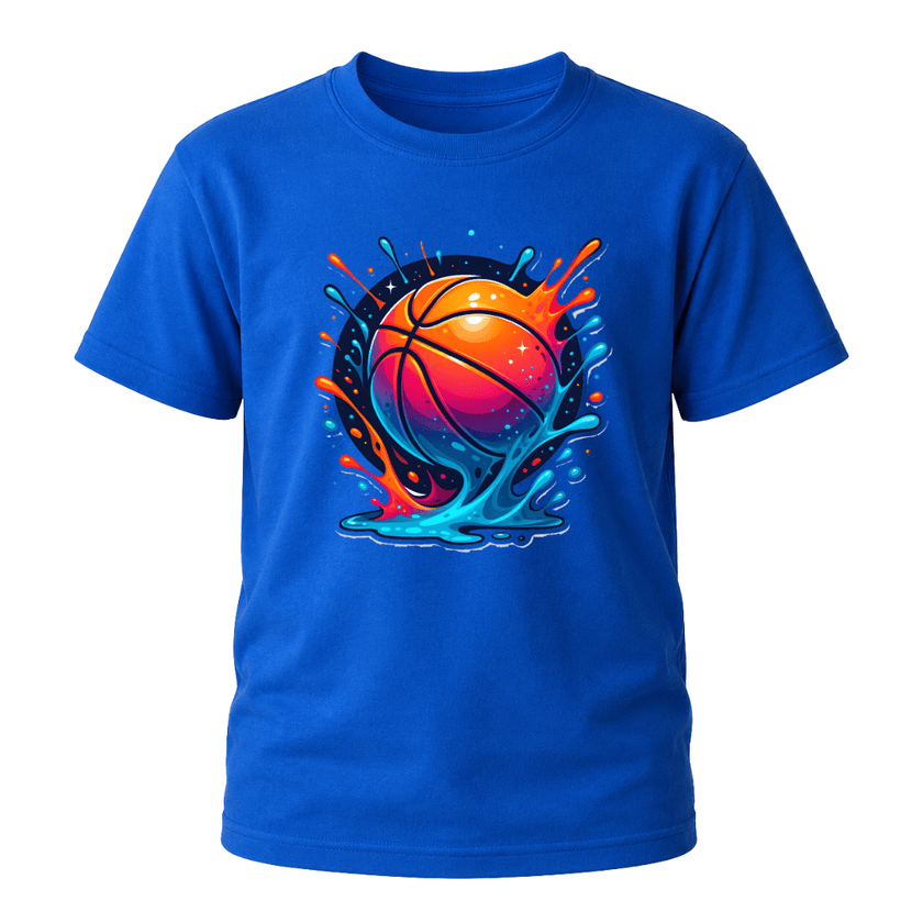 Royal blue youth basketball T shirt featuring a vivid orange basketball with blue pink and red splash graphic.