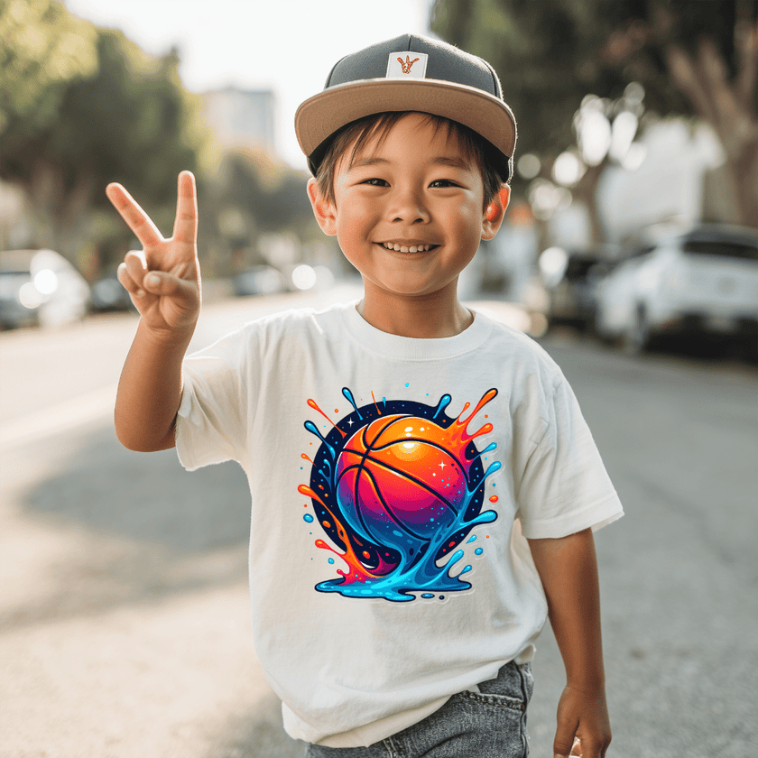 Young boy wearing a white youth basketball T shirt with vibrant orange and blue basketball splash artwork.