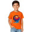 Young boy wearing an orange basketball graphic T shirt with vibrant blue and pink splash design on the front.