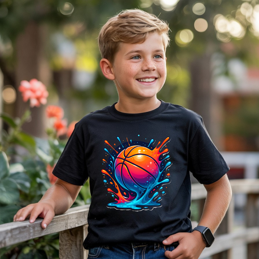Boy wearing a black youth basketball graphic T shirt with bold orange blue pink and red sports artwork.