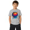 Boy wearing a sport grey basketball graphic tee with a bright multicolour basketball splash design for kids.
