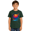 Boy wearing a forest green youth basketball graphic T shirt featuring a vibrant orange blue and pink splash basketball design.