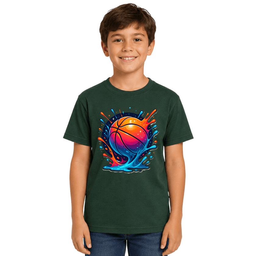 Boy wearing a forest green youth basketball graphic T shirt featuring a vibrant orange blue and pink splash basketball design.
