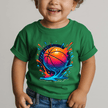 Toddler wearing a green basketball graphic T shirt featuring a bright orange basketball surrounded by blue splash artwork.