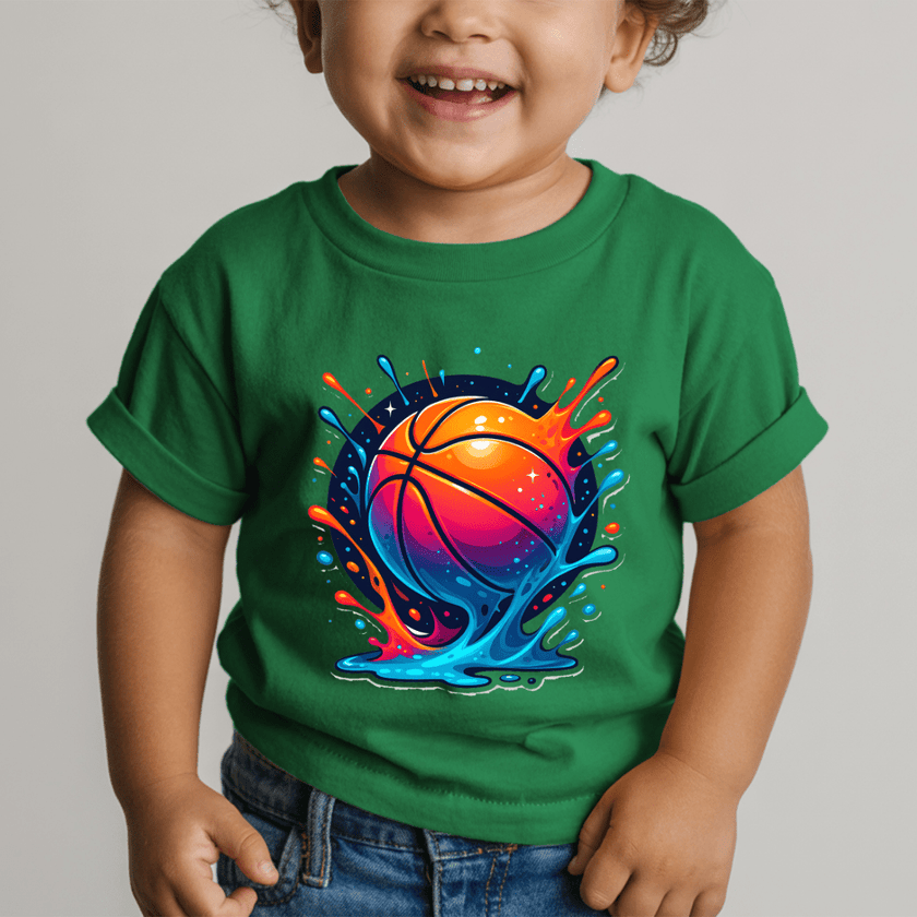 Toddler wearing a green basketball graphic T shirt featuring a bright orange basketball surrounded by blue splash artwork.