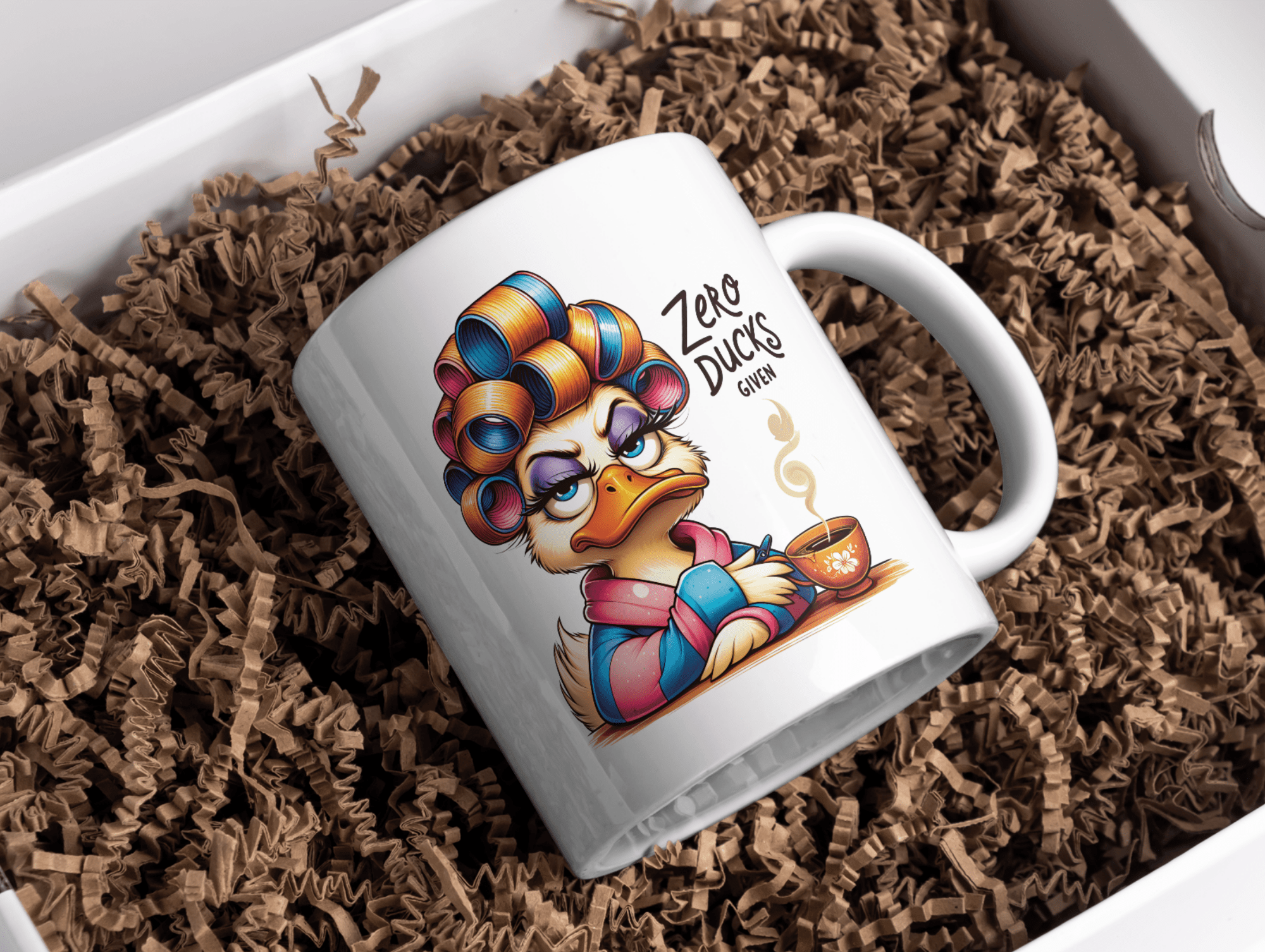 White mug with a colorful duck design on brown packaging