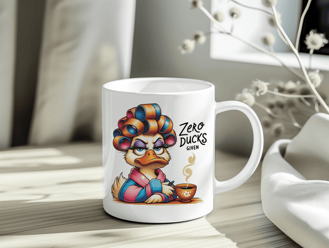 White ceramic coffee mug with funny duck illustration wearing colorful hair rollers and robe, holding coffee cup with text 